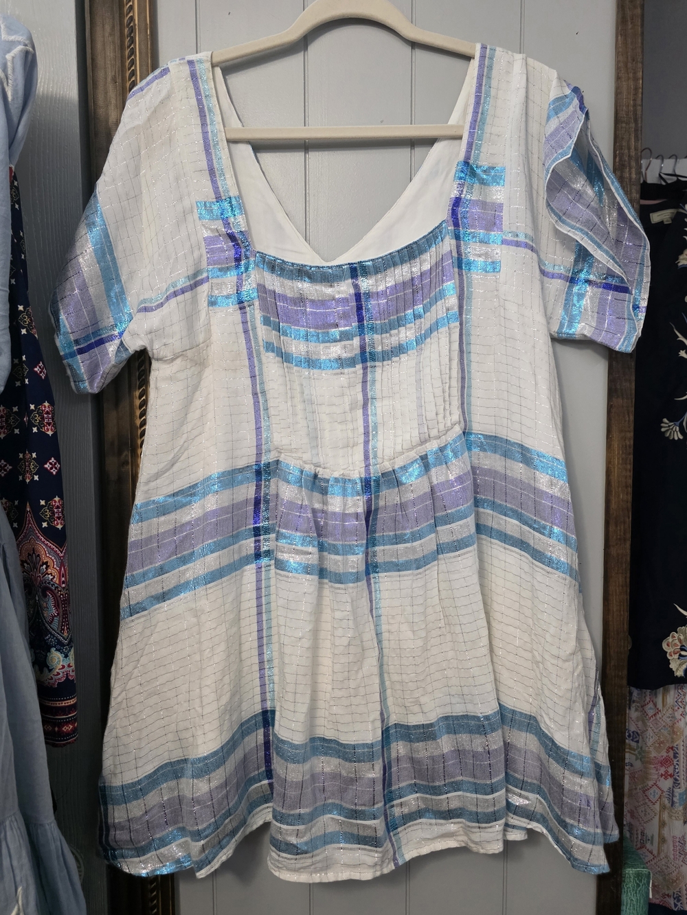 Free People White with Blue and Lavender Metallic Stripes Mini Never Worn
